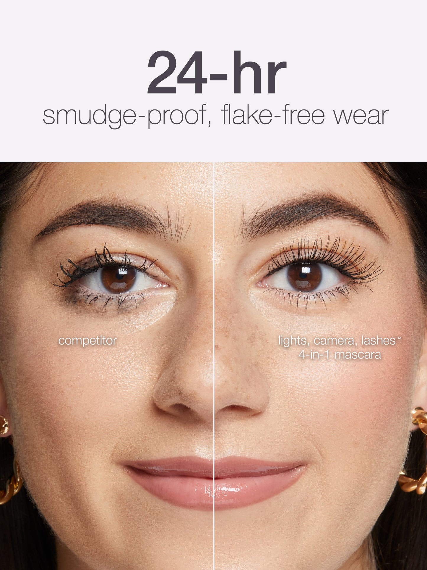 Comparison of a woman's eye with and without mascara, highlighting '24-hour smudge-proof, flake-free wear' feature.