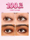 Before and after comparison of eye makeup application with text '100% agree it didn't smudge'.