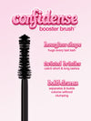 Pink mascara tube with brush on a white background, featuring text about ingredients.