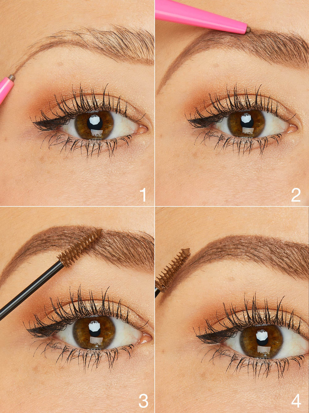 Step-by-step tutorial on applying makeup to eyebrows and eyelashes.