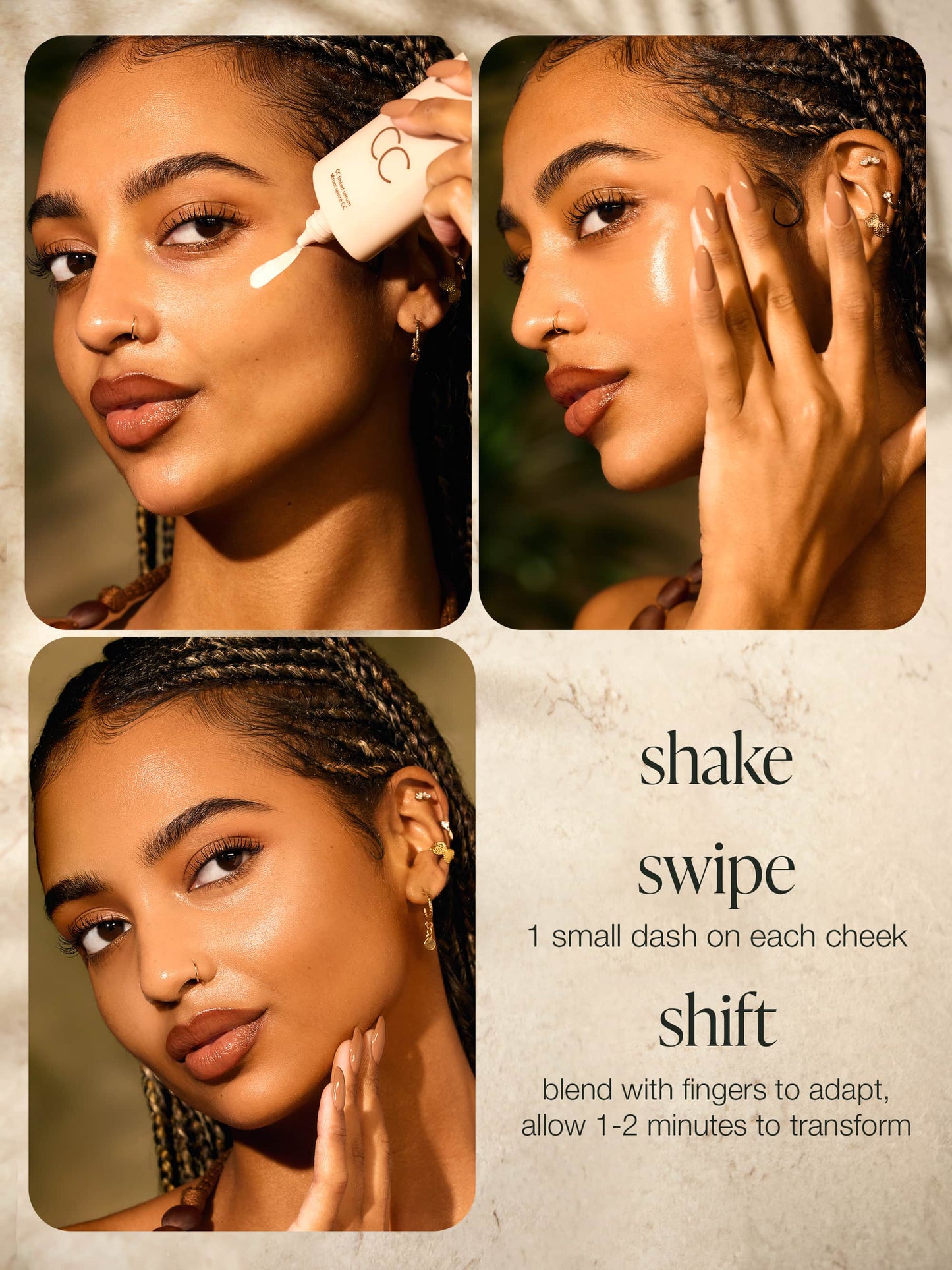 Collage of a woman applying cc tinted serum with text instructions on a textured beige background.