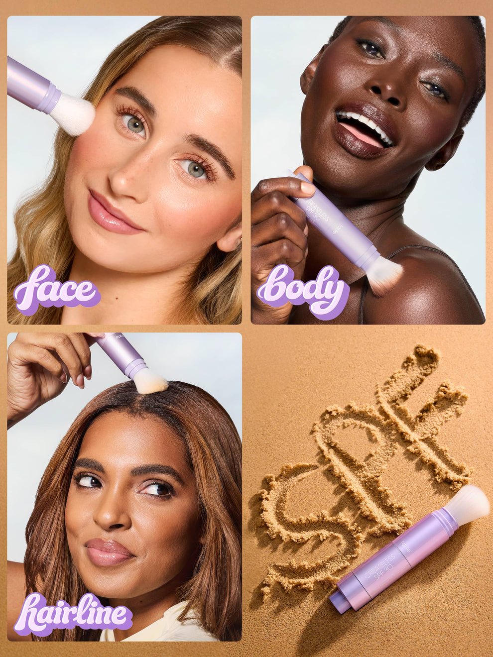 Collage of a creaseless spf powder being used on different parts of a person's face, body, and hairline with a brand logo.