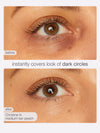 Before and after comparison of eye makeup application on a person's eye, with text indicating product color and effect.