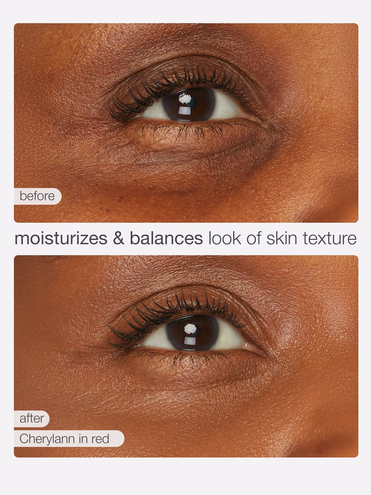 Before and after comparison of eye makeup application on a brown skin tone.