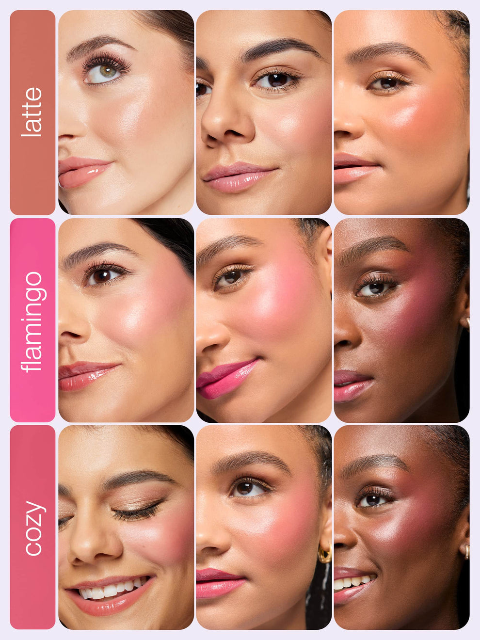 Collage of women's faces with blush applied, labeled 'latte', 'flamingo', and 'cozy'.