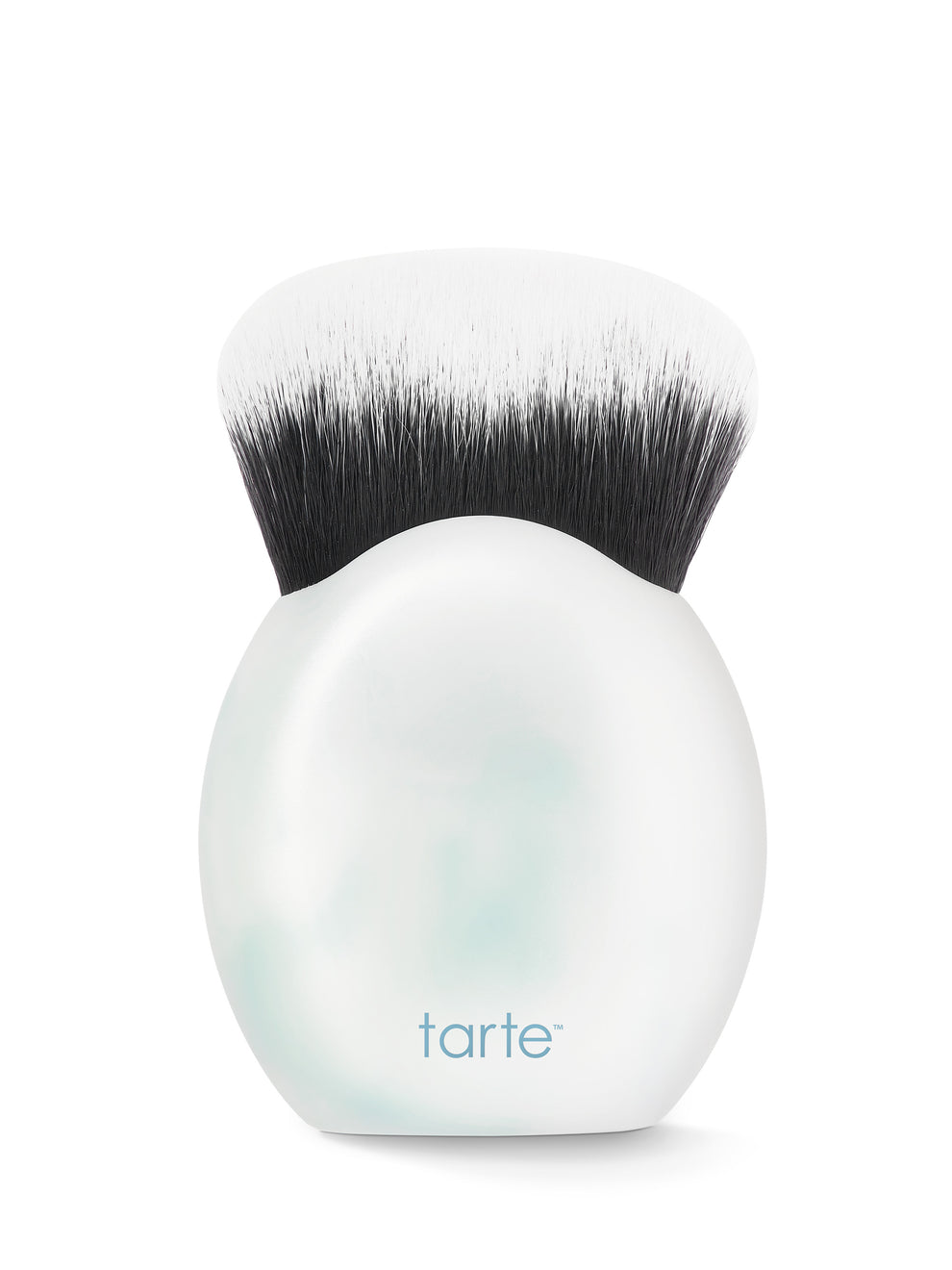 Makeup brush with black bristles on a white spherical handle featuring the tarte logo.