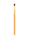 A makeup brush with a wooden handle and soft, dense bristles is positioned vertically against a plain white background. The gold ferrule is engraved with tarte.