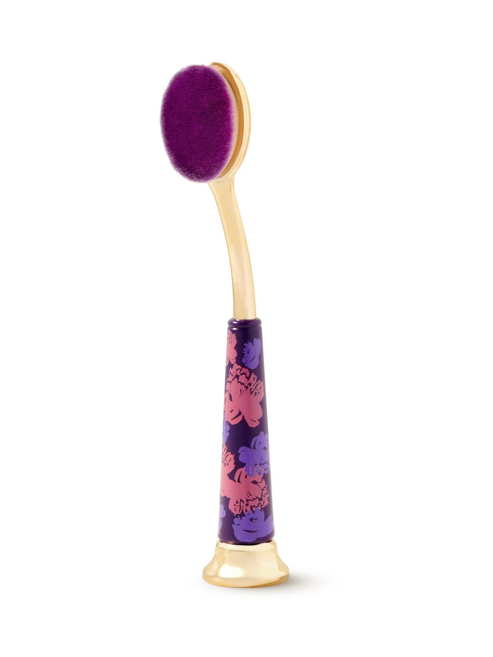 Makeup brush with purple bristle head and multicolored handle on a white background