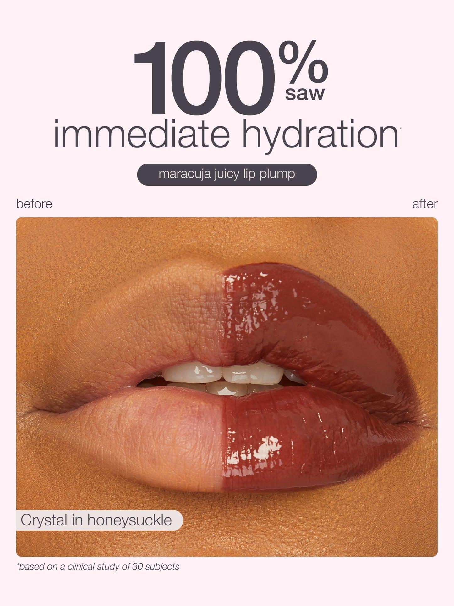 Lip plump product showing before and after effect on lips with text about hydration and flavor.