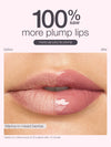 Lip plumper before and after effect on lips with text '100% more plump lips' and 'maracuja juicy lip plump'.
