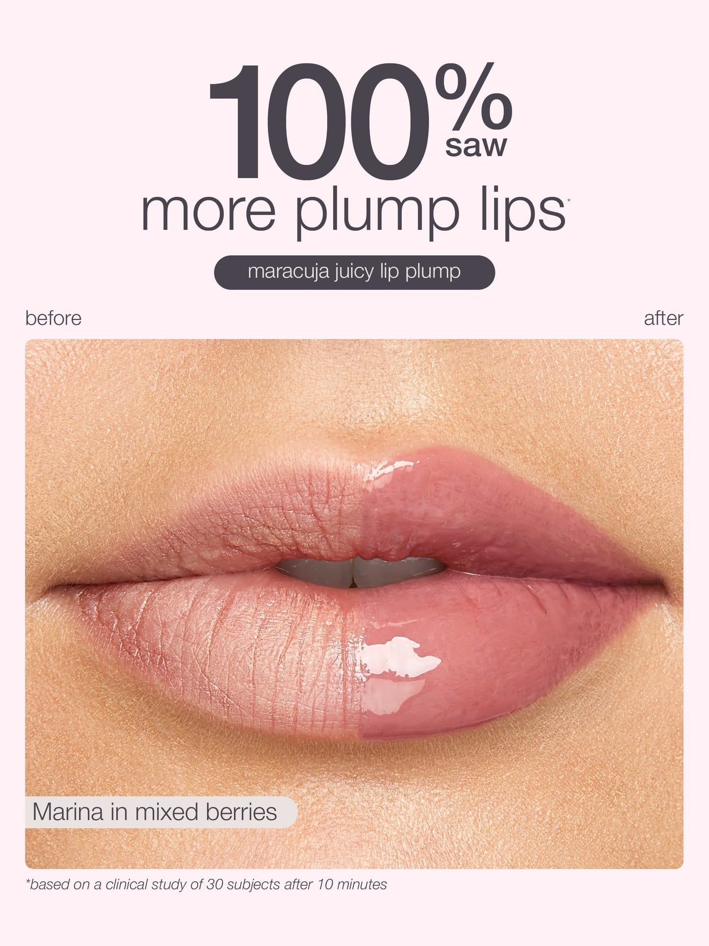 Lip plumper before and after effect on lips with text '100% more plump lips' and 'maracuja juicy lip plump'.