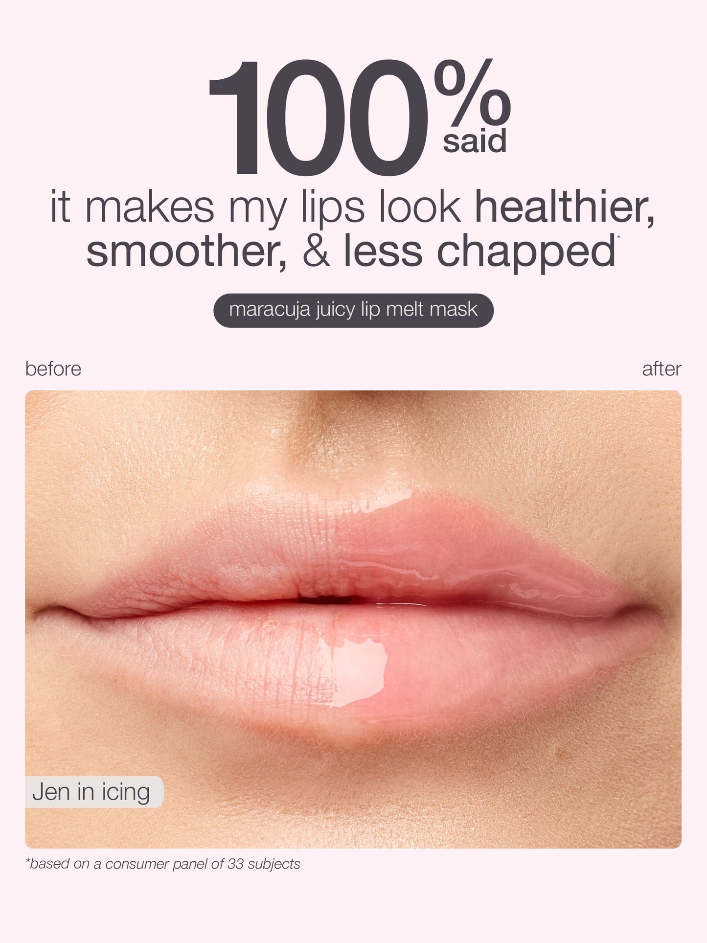 Lip mask before and after application with text highlighting benefits