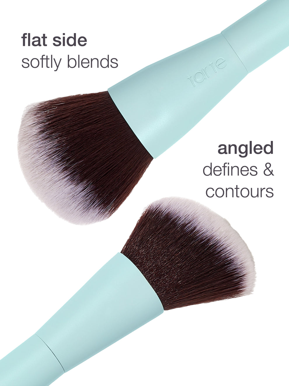 Two makeup brushes with mint green handles are shown. One has a flat side labeled flat side softly blends and the other an angled side labeled angled defines & contours.