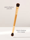 Makeup brush with text instructions on a light gray background