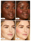 Two pairs of before-and-after images show women with different complexions. In each pair, the before image shows natural skin, and the after image shows enhanced skin with Tarte Cosmetics blush.