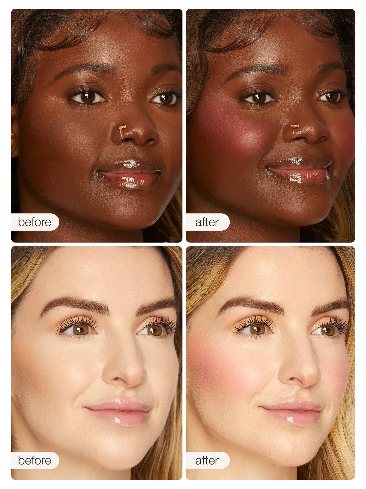 Two pairs of before-and-after images show women with different complexions. In each pair, the before image shows natural skin, and the after image shows enhanced skin with Tarte Cosmetics blush.