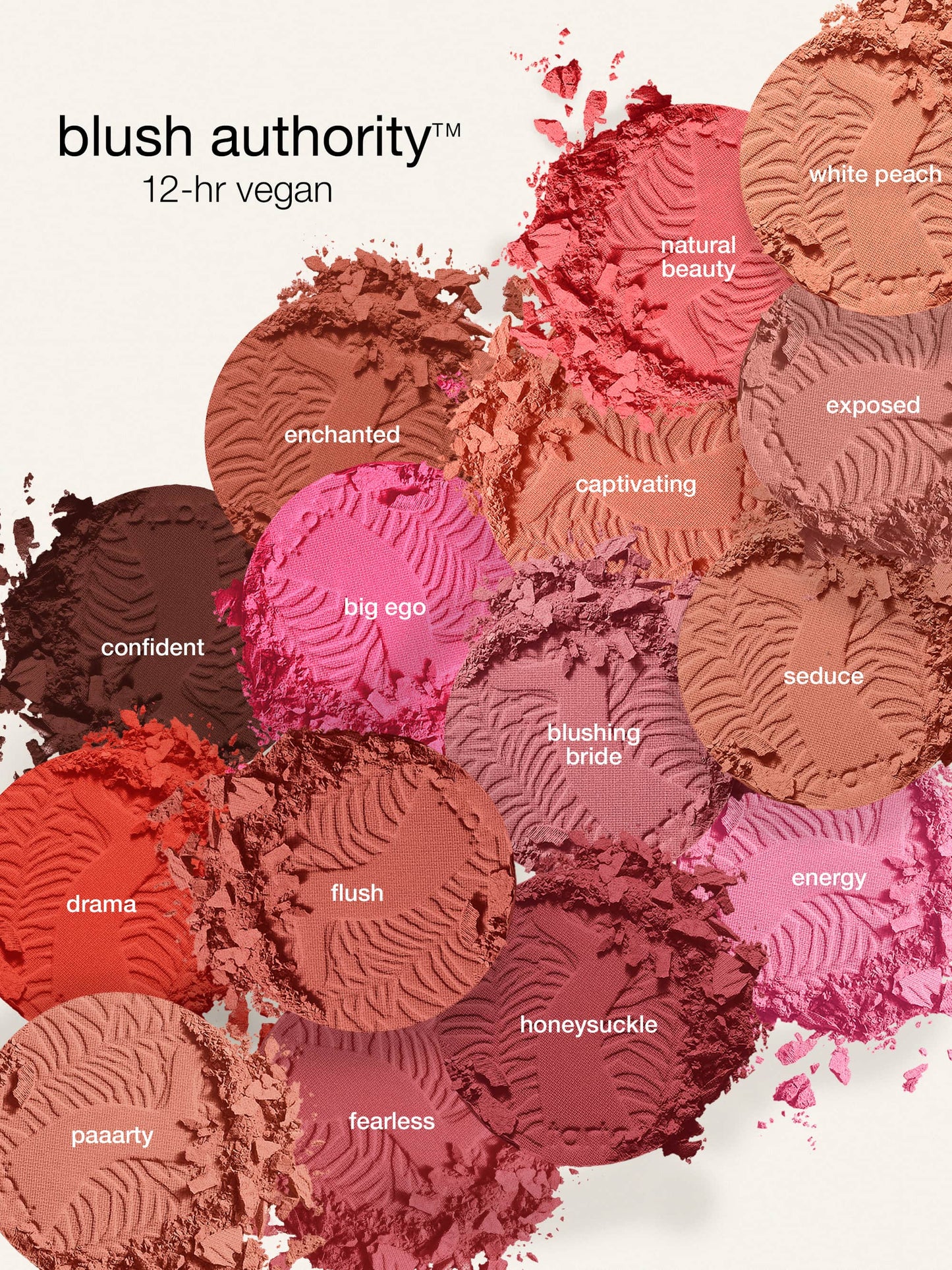 Various shades of Tarte Cosmetics blush powders are scattered, displaying colors like enchanted, natural beauty, and white peach. Text reads: blush authority™ 12-hr vegan.
