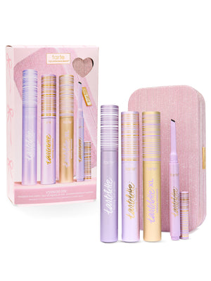 tarte cosmetics eyes on me mascara liner & free clutch on a white background