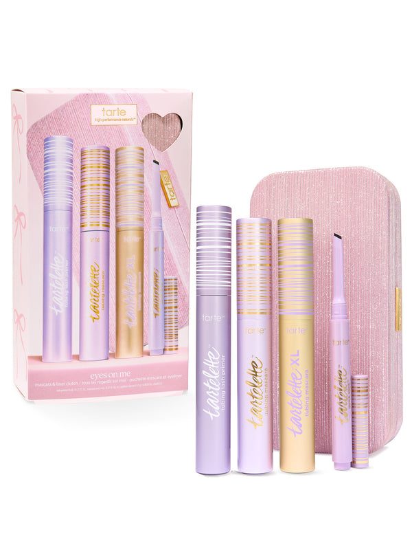tarte cosmetics eyes on me mascara liner & free clutch on a white background