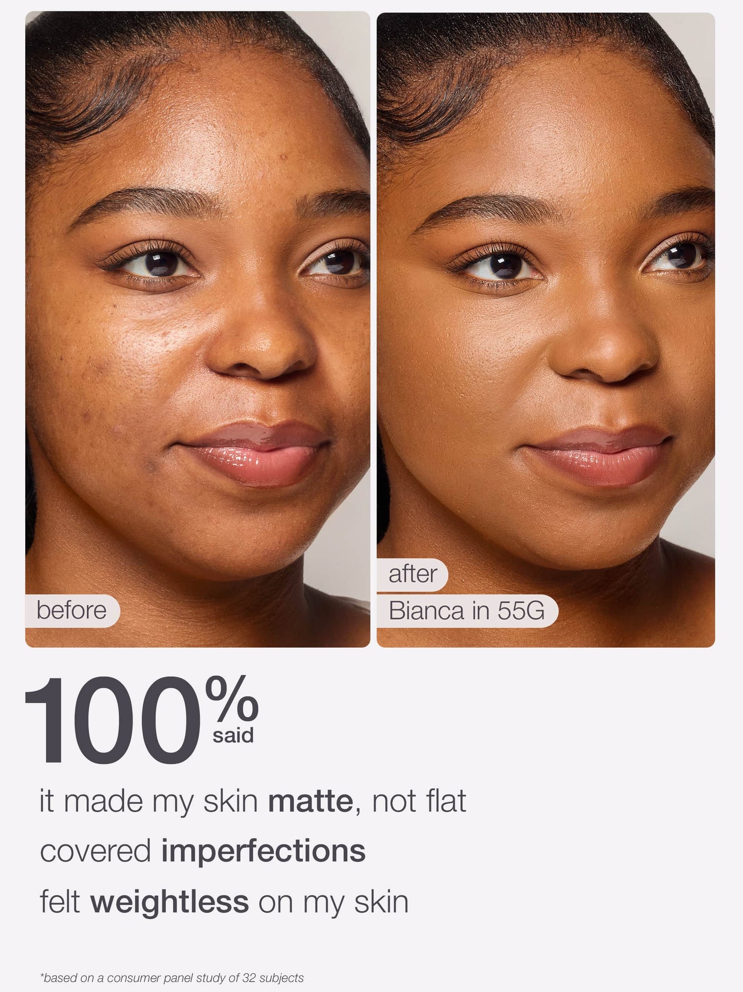 Two side-by-side images show a person's face before and after makeup application using Tarte Cosmetics. Text: 100% said it made my skin matte, not flat covered imperfections felt weightless on my skin.