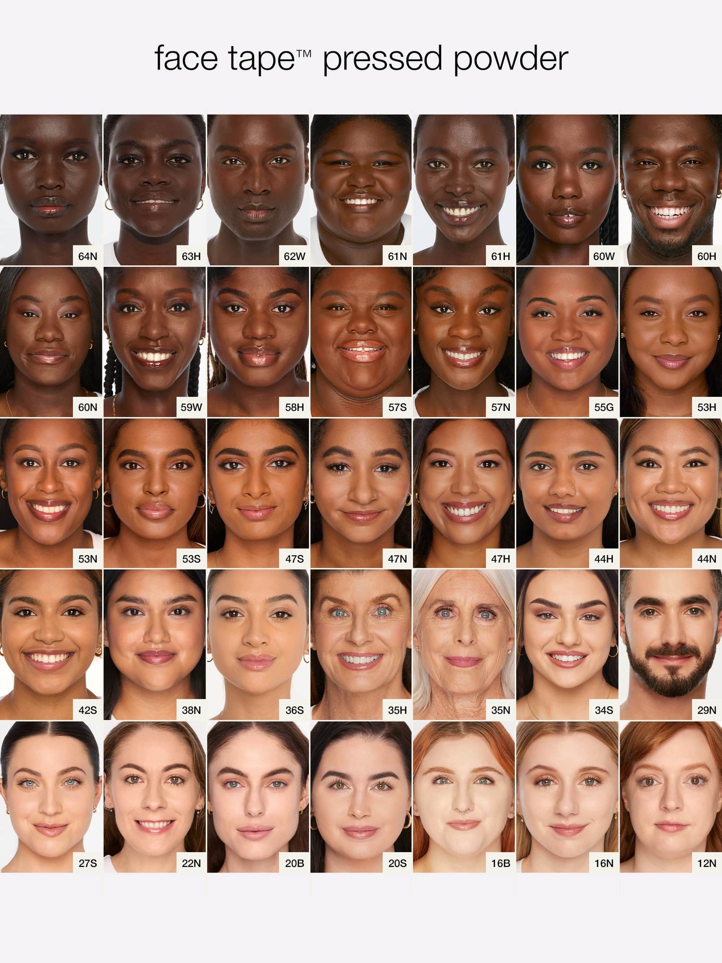 Rows of diverse faces display different skin tones for face tape™ pressed powder by Tarte Cosmetics. Beneath each face, corresponding shade numbers are listed, from 64N to 12N.