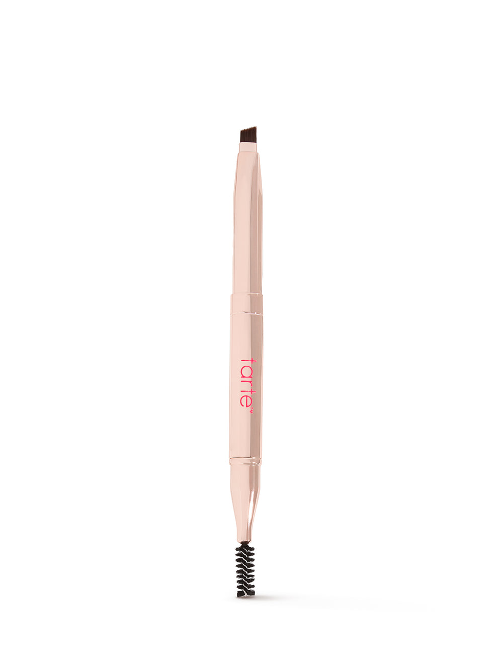 Dual-ended makeup tool features a slanted brush on one side and a spoolie on the other, designed for eyebrow grooming. The tool is labeled tarte against a plain white background.