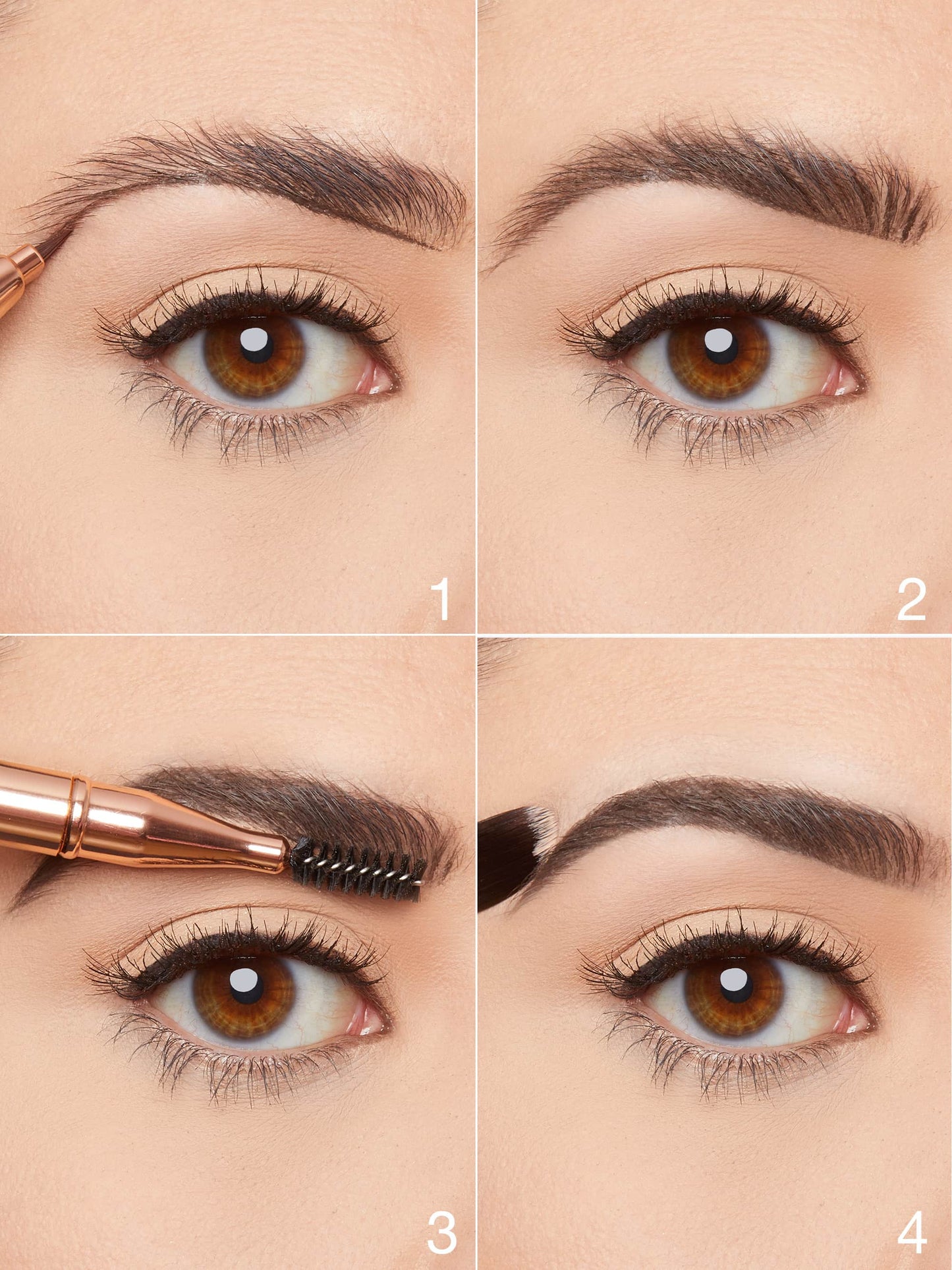 Close-up of an eye in four steps: filling the eyebrow with a pencil, showing defined shape, brushing with a spoolie, and highlighting. Steps numbered 1 to 4 illustrate the process.