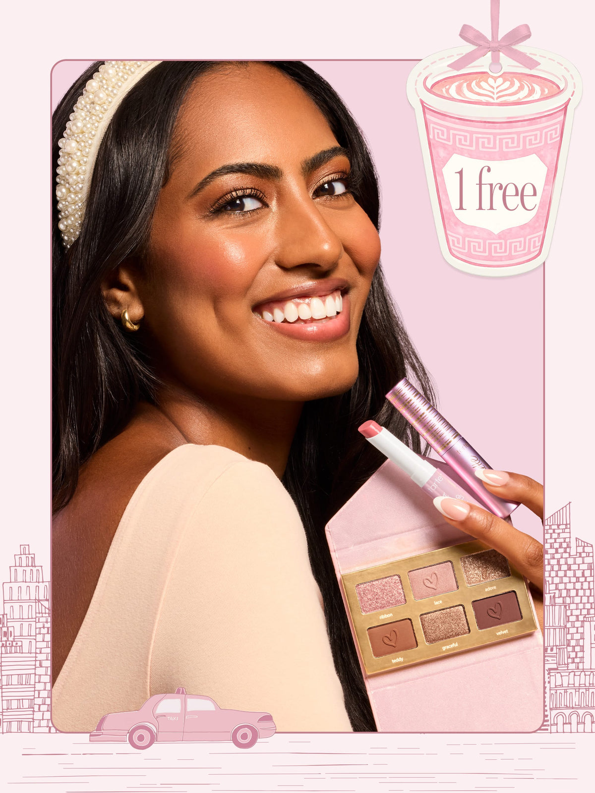 tarte cosmetics front row energy travel essentials with one free charm, woman holding the bundle