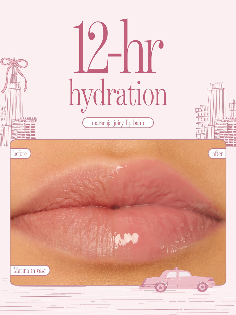 tarte cosmetics front row energy travel essentials maracuja juicy lip balm, 12 hr hydration, before and after of the shade rose
