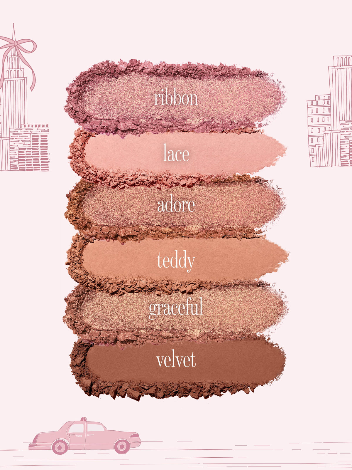 tarte cosmetics front row energy travel essentials eyeshadow shades. ribbon, lace, adore, teddy, graceful, velvet