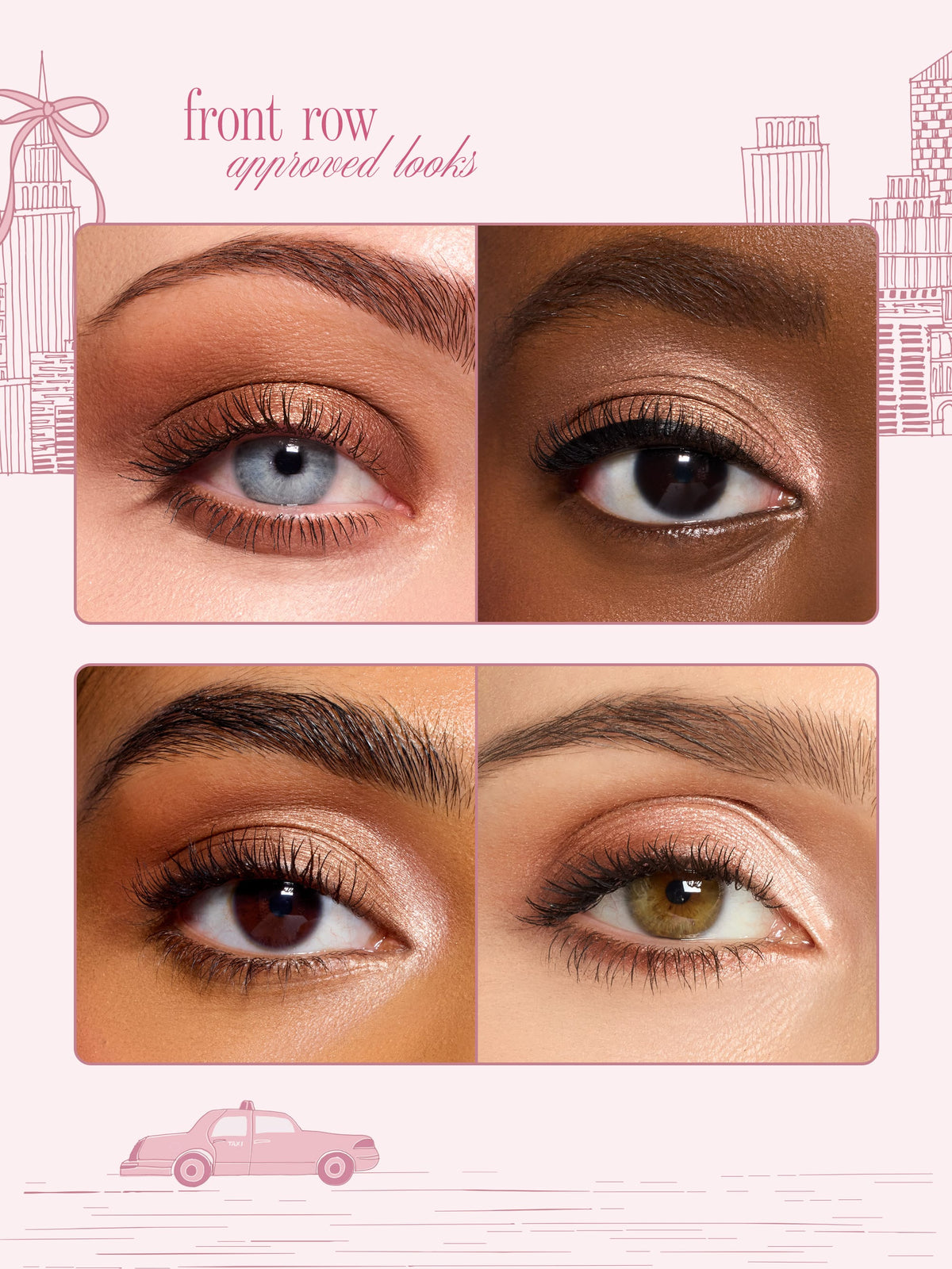 tarte cosmetics front row energy travel essentials tartelette tubing mascara on 4 different women, different eye looks