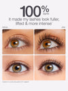 Before and after comparison of eye lashes with text indicating product effectiveness.
