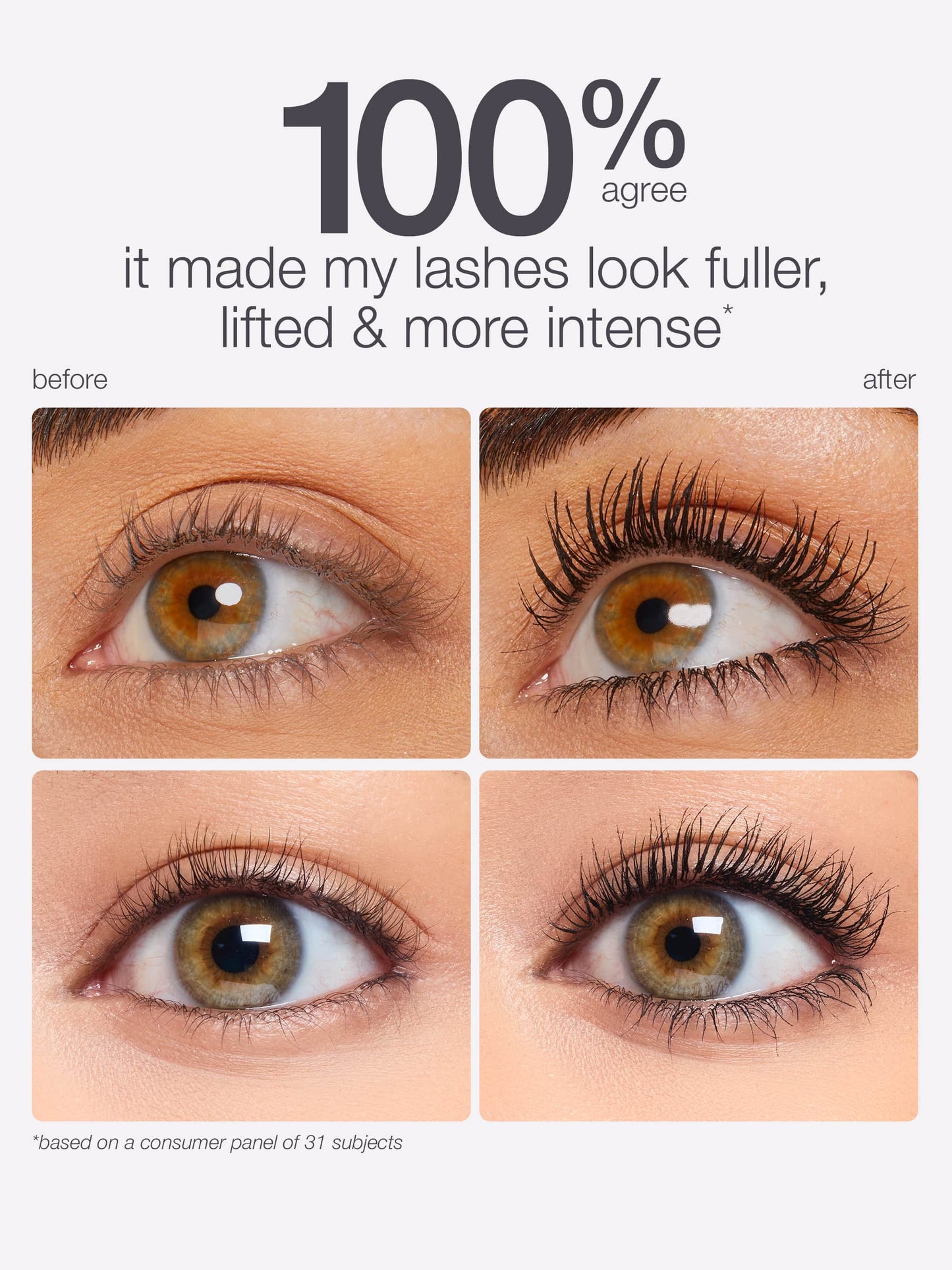 Before and after comparison of eye lashes with text indicating product effectiveness.