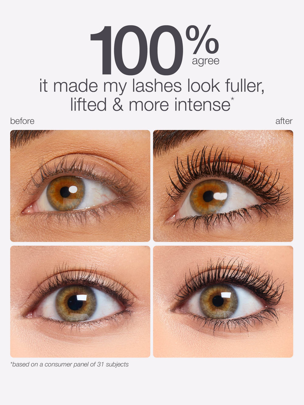 Before and after comparison of eye lashes with text indicating product effectiveness.