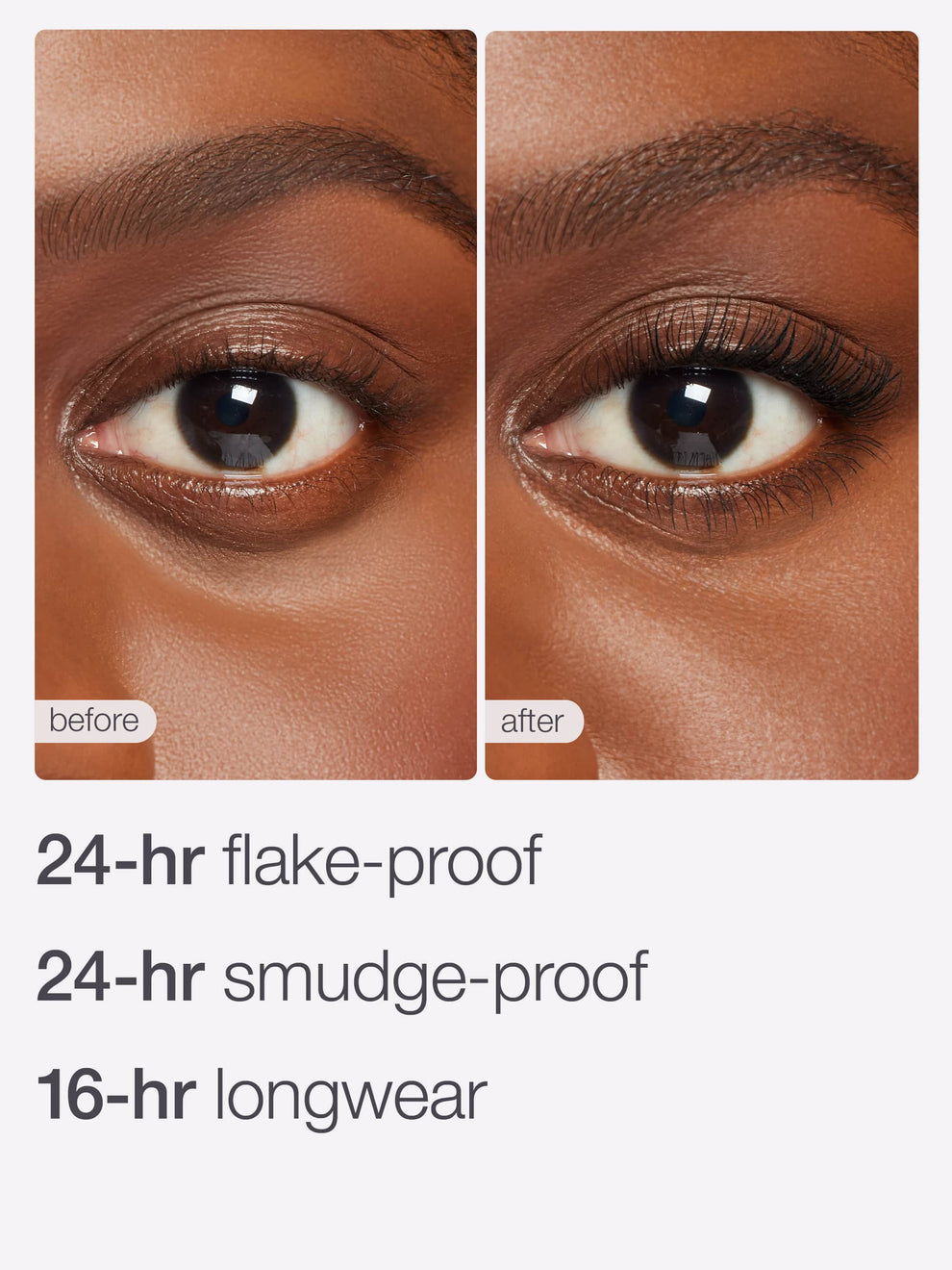 Before and after comparison of eye makeup application with text highlighting product features.