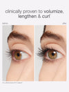 Before and after comparison of eyelashes with text indicating clinical provenance.