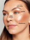 Close-up of a woman's face with makeup application points labeled.