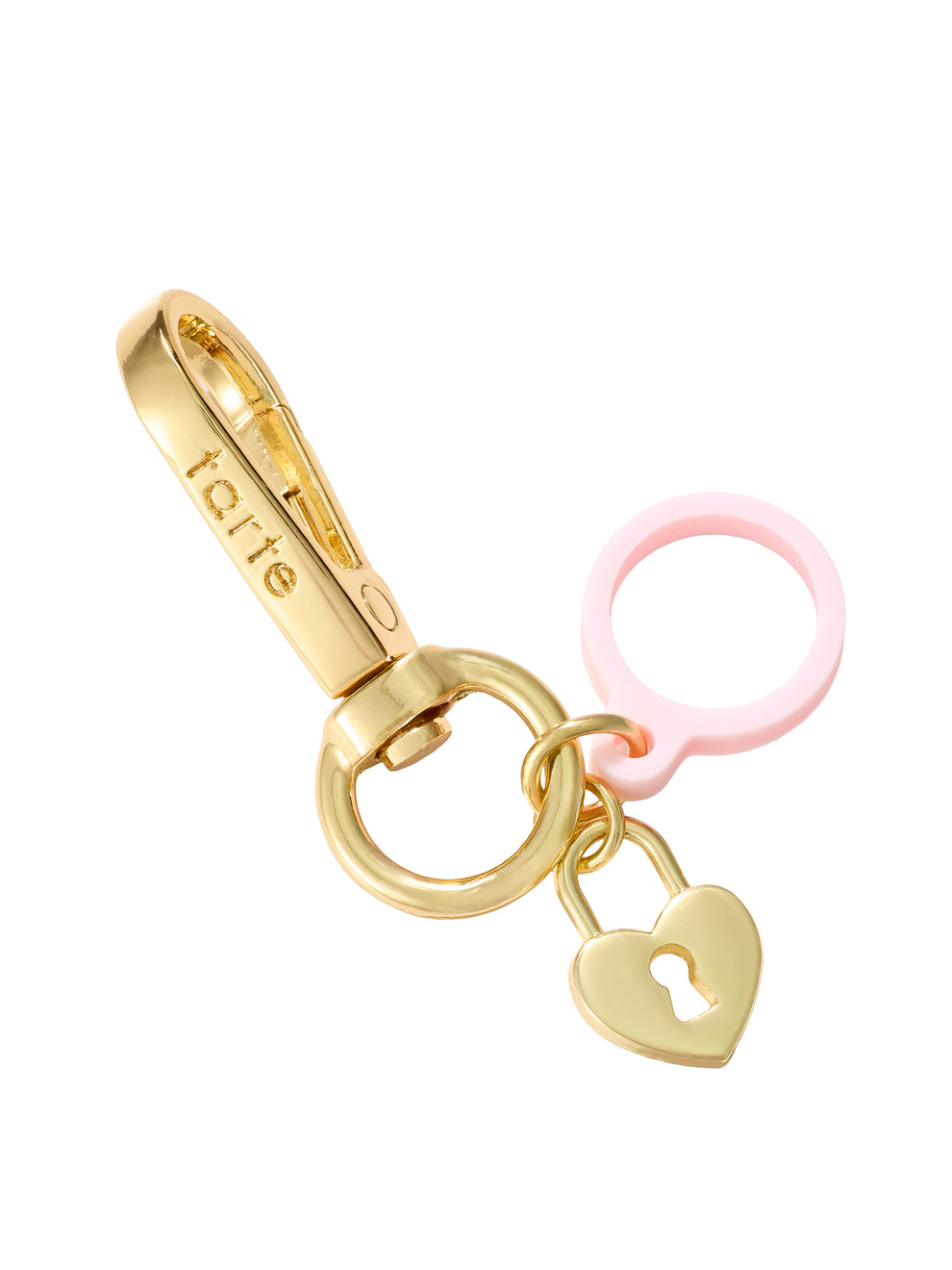 Gold keychain with a heart lock charm and pink ring on a white background