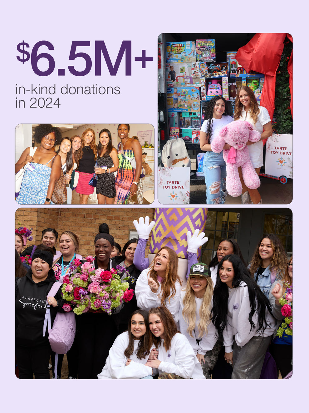 Collage of people with toys and a large pink teddy bear, with text about tarte cosmetics donation $4M+ in-kind donations in 2024.