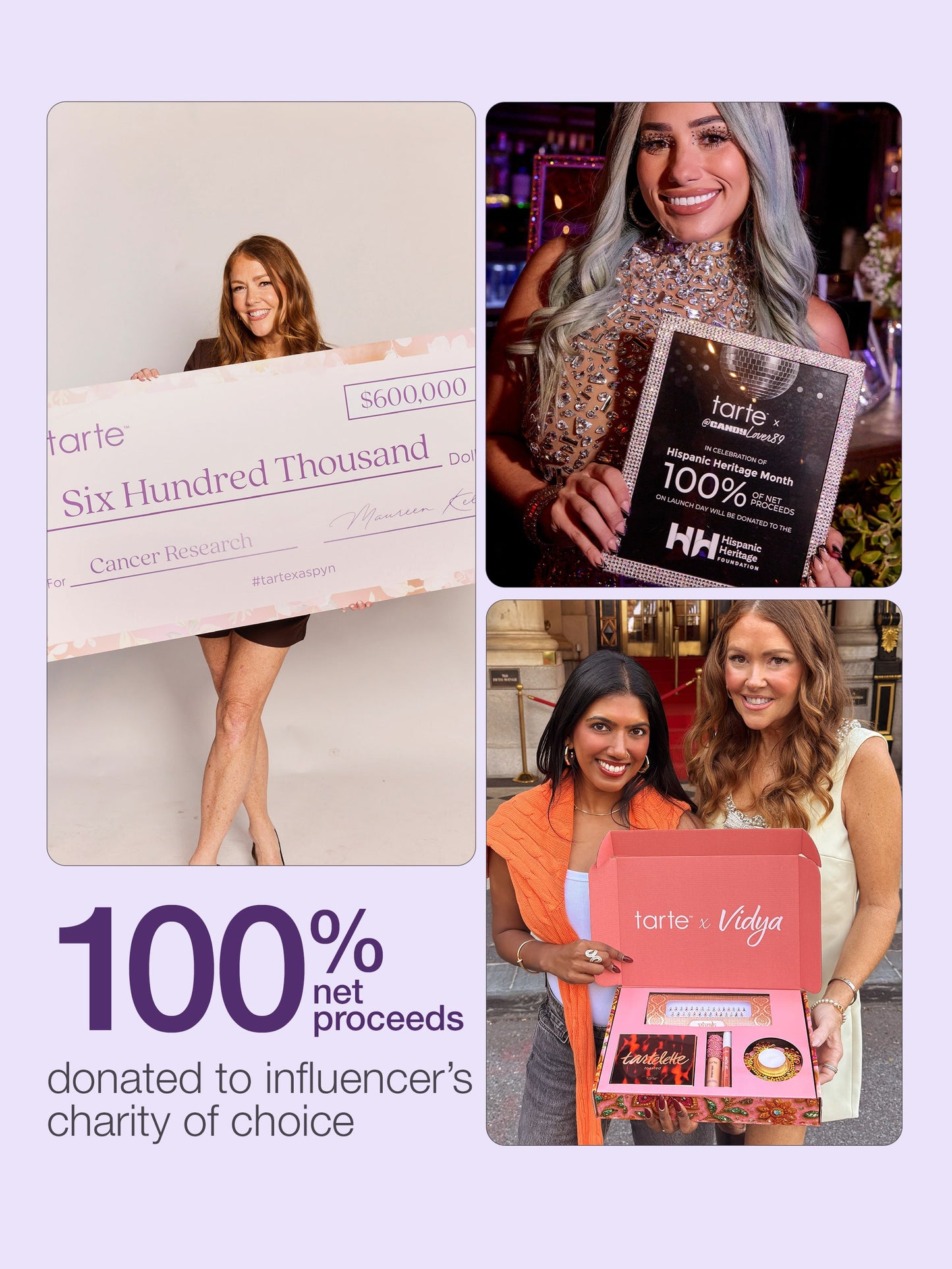 Collage of images featuring people with 'tarte' products and a large check, with text about charitable donations.