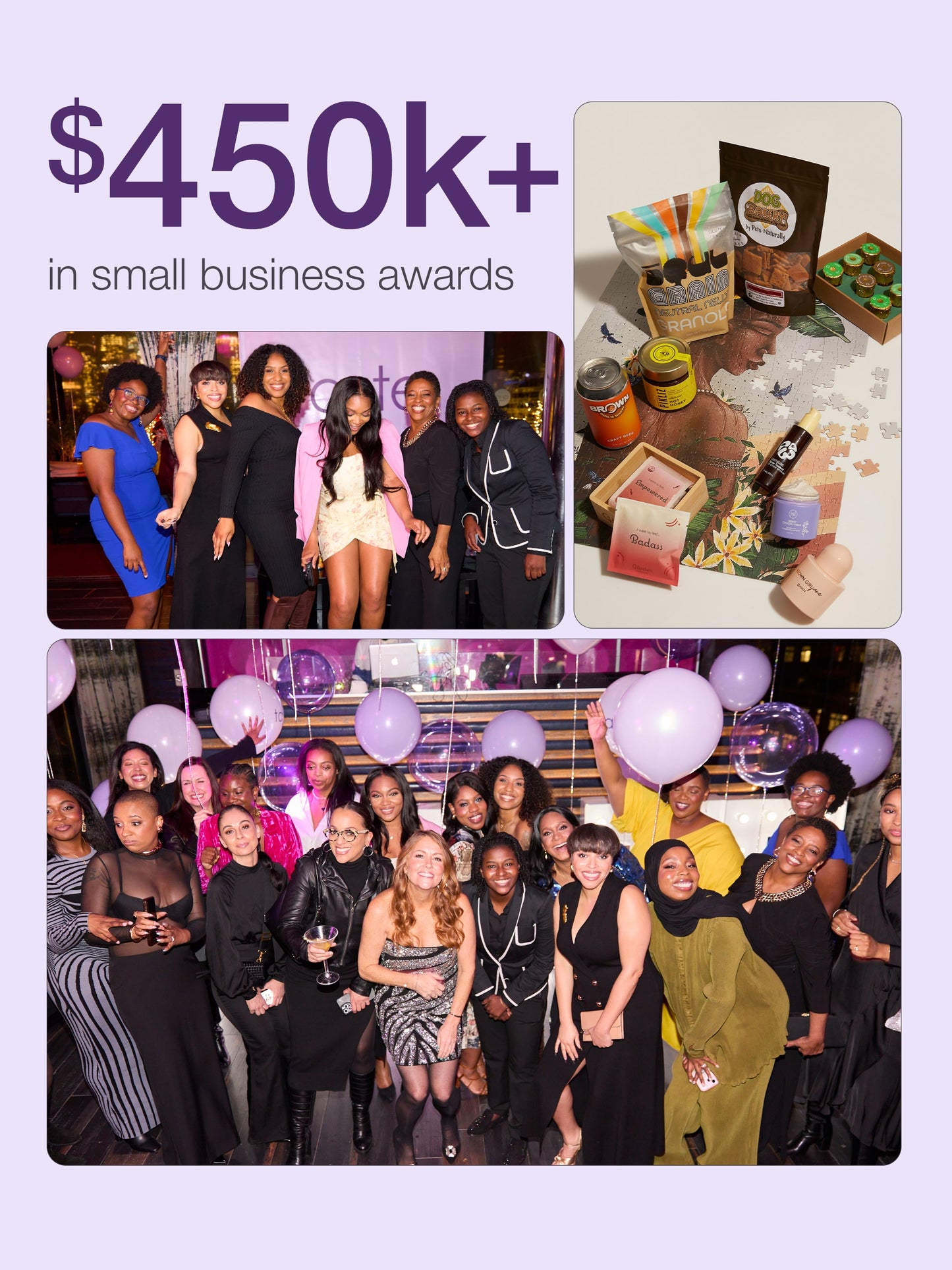 Collage of women at a tarte cosmetics event with text about small business awards and a product image.
