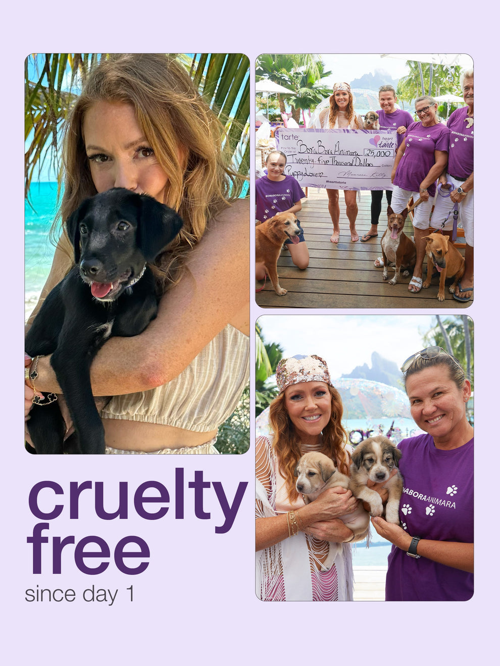 Collage of people with animals and a check, featuring the text 'tarte cosmetics cruelty free since day 1' on a light purple background.