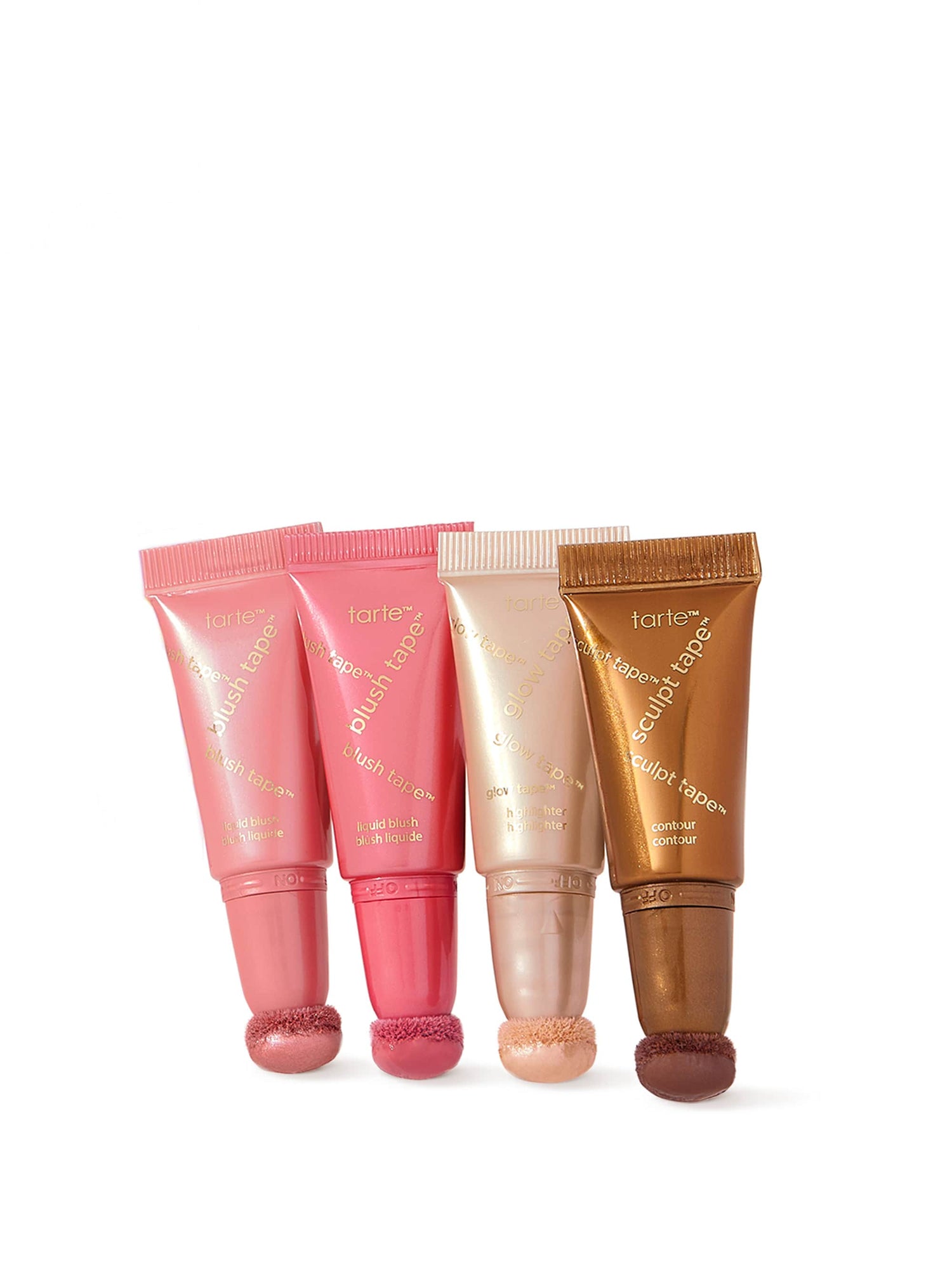 Four lip balm tubes in pink, red, beige, and brown on a white background
