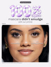 Advertisement for mascara and primer showing a close-up of a woman's face with text indicating product effectiveness.