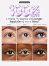 Before and after comparison of eye makeup application with text indicating product effectiveness.