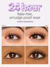 Before and after comparison of eye makeup application with text '24-hr flake-free, smudge-proof wear'.
