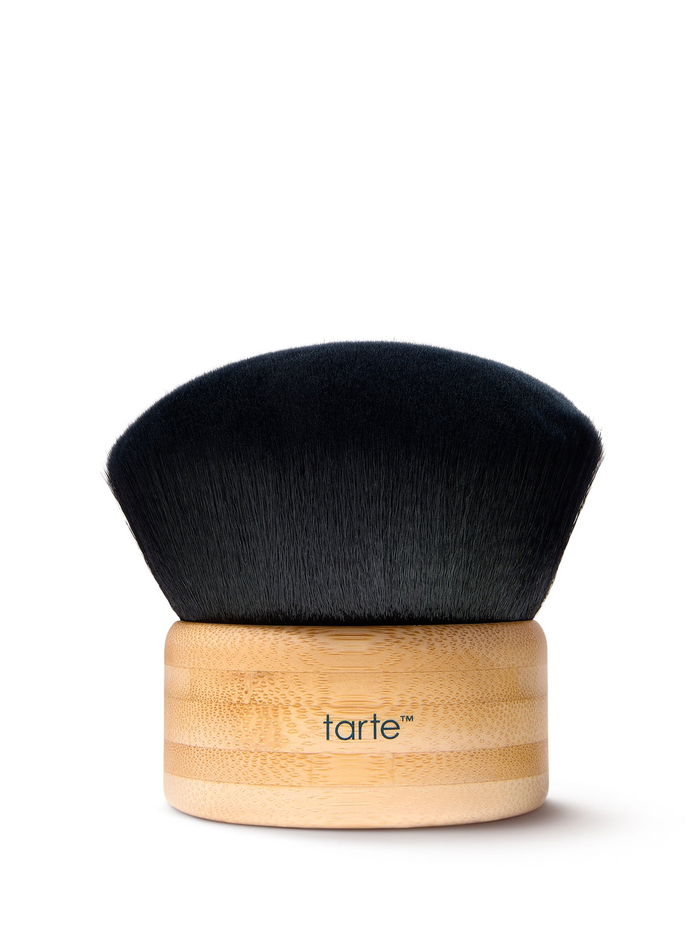Makeup brush with black bristle head and wooden handle on a white background, featuring the tarte logo.