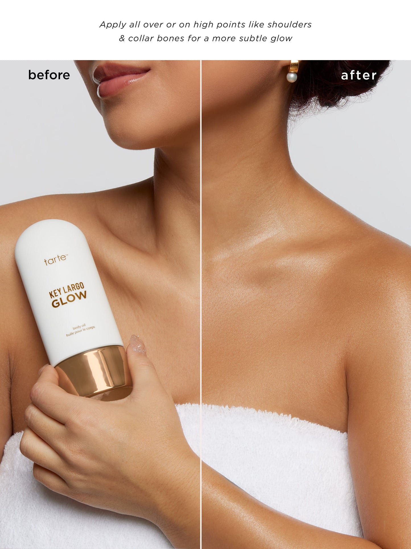 Before and after comparison of a woman using a tan Tanner on her shoulder, with text指导说明.