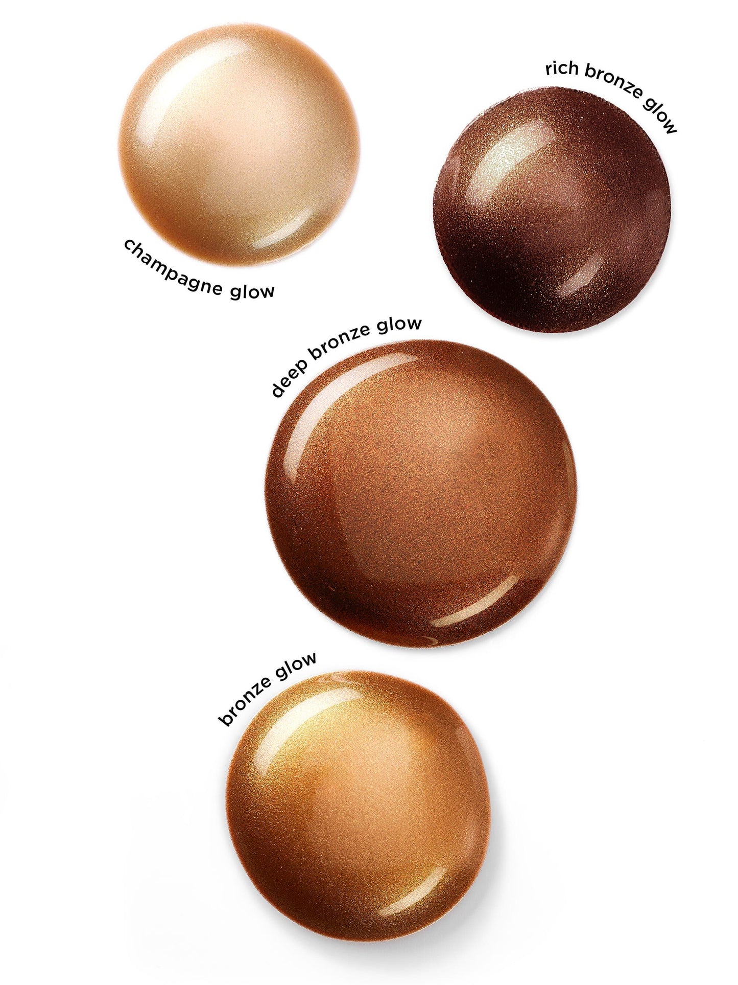 Four bronze-colored cosmetic products with labels on a white background