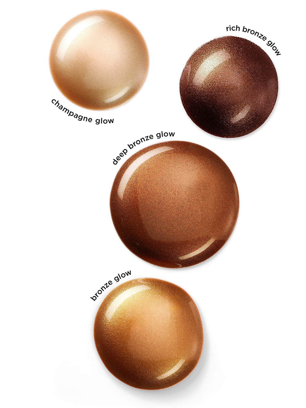 Four bronze-colored cosmetic products with labels on a white background